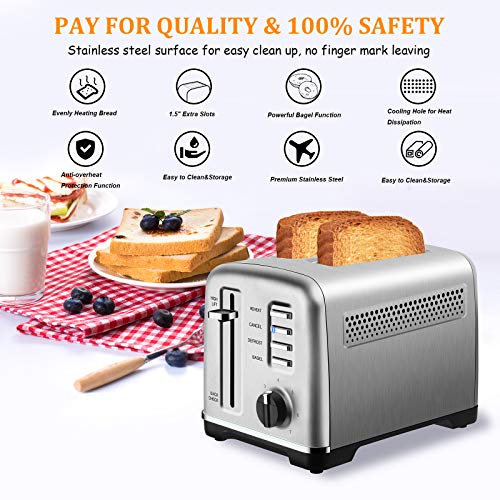 Toaster 2 Slice Stainless Steel Toasters with Removable Crumb Tray Toaster 2 Slice Best Rated Prime Two Slice Toaster with Quick Check/Reheat/Cancel/Bagel/Defrost Function + 7 Browning Setting