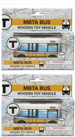 Boston T Double MBTA Bus Wooden Bundle of Two New Flyer D40LF Wooden Buses-Dimensions 4.75" high x 1.25" Wide x 2" high