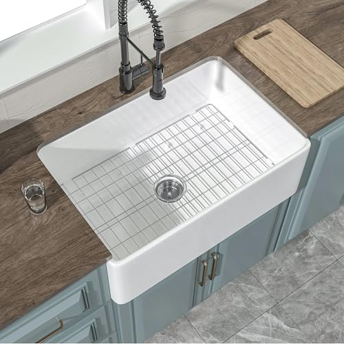 HOMLYLINK White Farmhouse Sink 30 x 20 Inch, Firecaly Apron Front Farm Sink Deep Single Bowl, with Accessories 2 Types, Undermount, Pure White, for Kitchen