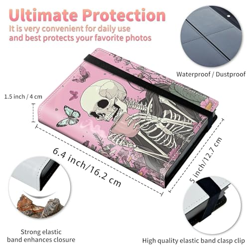 Image of Photo Album 4x6 120 Pockets Photos with Strong Elastic Band, Small Mini Albums Sheet Protector Folder for Photos, Album for Family Wedding Women Men Baby Vacation Gift, Pink Skull