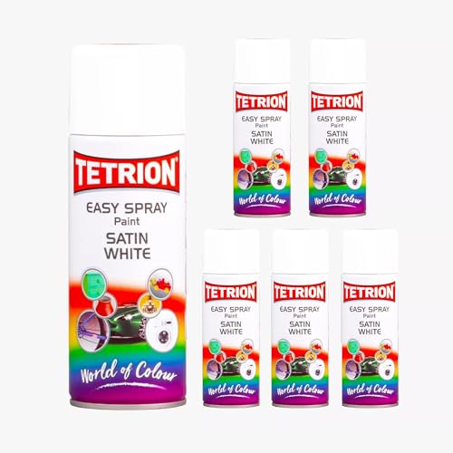 Image of Tetrion Easy Spray Paint - Satin White 400ml (Pack of 6) - All-Purpose Fast Drying Acrylic Spray for Wood, Metal, Plastic, Ceramic & More, Smooth Base Coat - Indoor & Outdoor Use, 13.5 Oz
