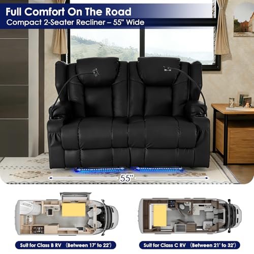Image of Redlife Power Loveseat Recliner Sofa, PU Leather Dual Reclining Couch with Vibration & Heating, Blue LED Base Lights, USB Ports, Cup Holders & Phone Holders, Home Theater & RV Reclining (Black)
