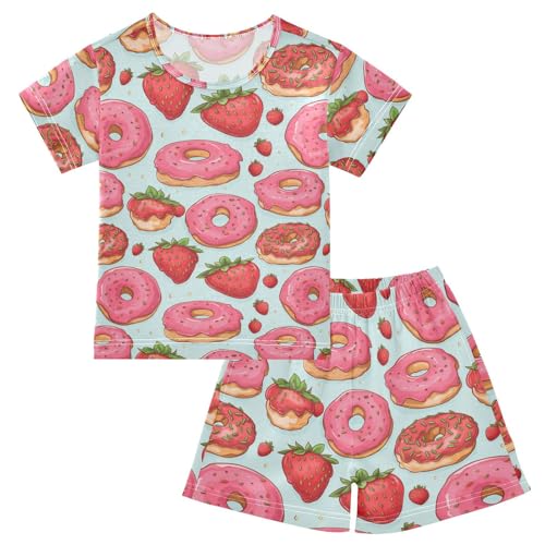 ALAZA Strawberries and Donuts Pajama Set Short Sleeve Sleepwear Soft Lounge Nightwear