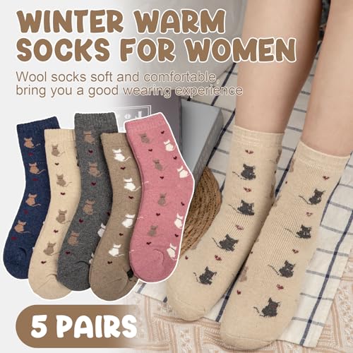 Image of Justay 5 Pairs Womens Wool Socks Thick Warm Winter Socks Casual Cozy Socks Vintage Knit Crew Socks Gift for Women