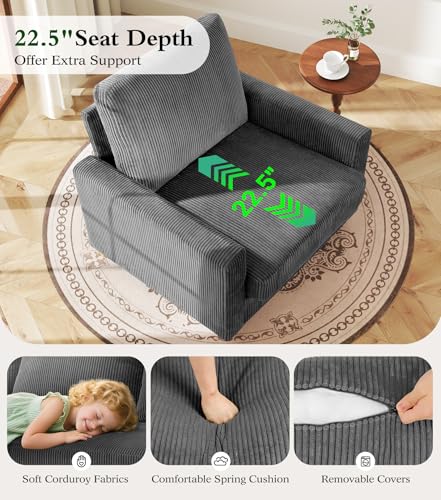 Image of Kidirect 35.5in Corduroy Sofa Accent Chair, Tool-Free Setup Living Room Couch Accent Chairs, Reading Chair for Bedroom 22.5in Extra Deep Seats, Comfy Arm Chairs for Office, All-Wood Reading Nook Grey
