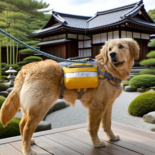 新型犬リュークアウトドア旅行犬小中大型通学ペット用品多機能犬用ハーネスバッグ防水材質首締め防爆衝撃反射ストリップ犬ハーネスリューク通気性高サイズ調節徒歩用犬リュークハーネス中型及び大型犬用ドッグラン用(黄色)
