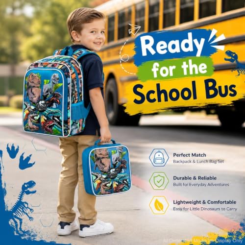 Image of CCJPX 3PCS Dinosaur Backpack for Boys, 16 Inch Water Resistant Preschool Bookbags, Cool Kindergarten School Backpacks and Lunch Box(Blue)