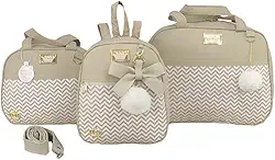 BOLSA MATERNIDADE 3 PEÇAS CHEVRON MENINA (Bege)