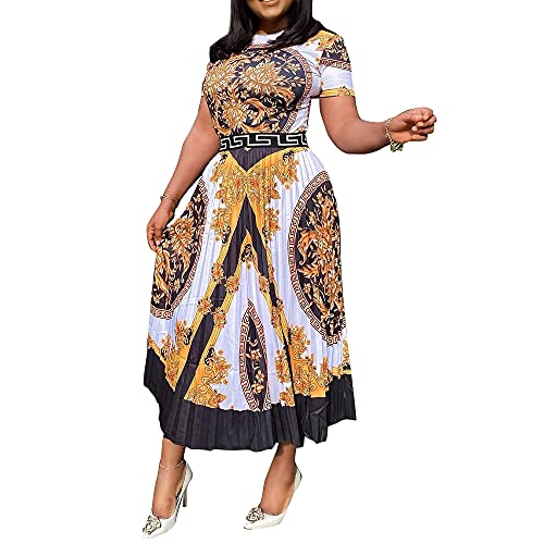 VERWIN Print Mid-Calf Short Sleeve High Waist Women's Maxi Dress