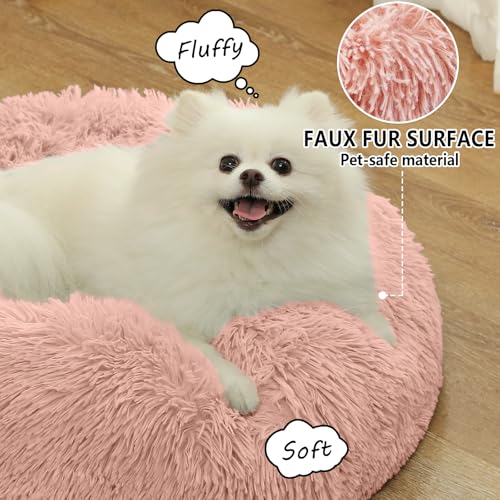 Calming Donut Cat and Dog Bed, Anti-Anxiety Round Plush Pet Bed With Anti-Slip Bottom, Washable for Small Medium Large Pets (S, Pink) - Image 4