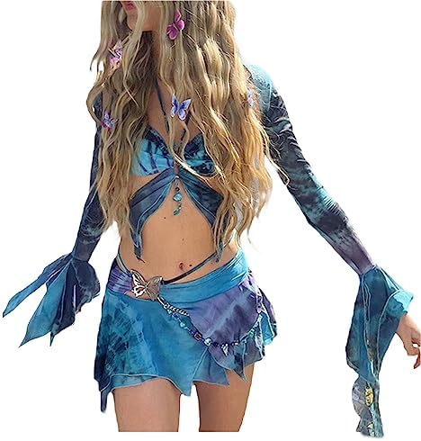 SOLILOQUY 2 Piece Skirt Outfit for Women Y2K Butterfly Print Sexy Backless Crop Top and Skirt Rave Festival Matching Set