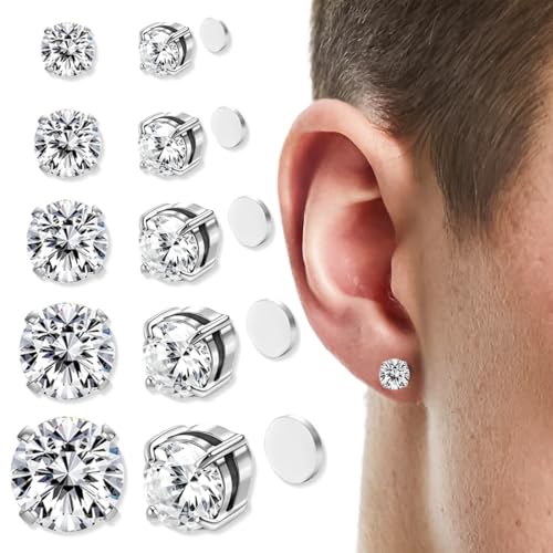 5 Pares Inoxidable Pendientes Iman Hombre y Mujer Pendientes Magnéticos Sin Agujero Perforación Diamante Circonita Falso Clip Non Piercing