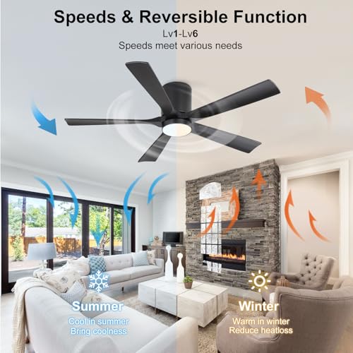 Image of ELEHINSER 52 Inch Flush Mount Ceiling Fan with Lights, Low Profile Modern Ceiling Fan with Remote, Quiet DC Motor, 6-Speed, 3CCT,Timer, 5 Solid Wood Blades, Black