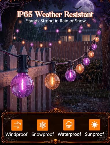 50FT Halloween String Lights Outdoor, G40 Orange and Purple LED Globe Patio Lights with 27 Shatterproof Plastic Bulbs(2 Spare), Waterproof Connectable Dimmable Decorative Lights for Party Yard Porch - 1