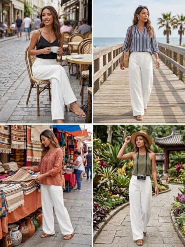 Image of GRECIILOOKS Beige Wide Leg Linen Trousers for Women | High Waist Cotton Baggy Korean Style Casual Pants | Comfortable Formal & Casual Women Trousers