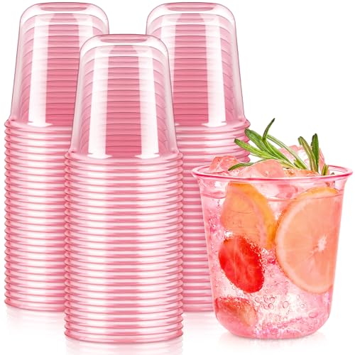 Qeirudu 50 Pcs Pink Plastic Cups 12oz Disposable Stemless Wine Glasses Pink Cocktail Party Cups for Graduation Meeting Wedding Birthday Party