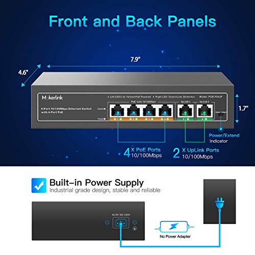 MokerLink PoE Switch, 6 Puertos y 10 Puertos PoE Switch, Soporta IEEE802.3af/at, Metal, Plug & Play miniatura 6