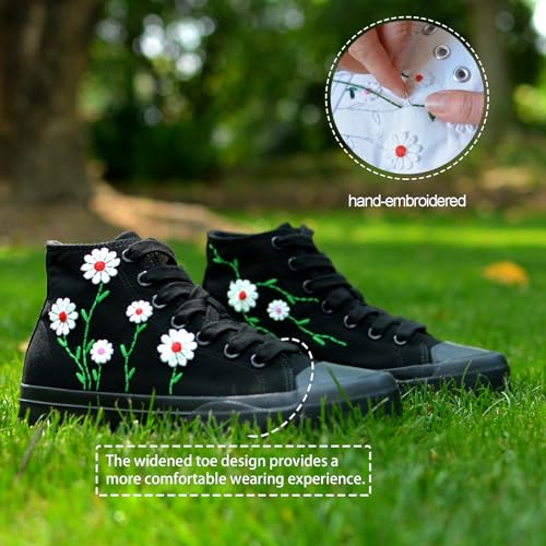 Women High-Top Fashion Sneakers with Floral Embroidery Birthday Gift Wedding Shoes for Bride White Canvas Tennis Walking Shoes4