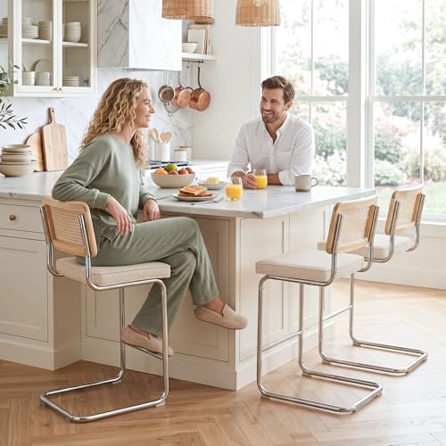 Image of Zesthouse Rattan Counter Stools Set of 3, 26'' Mid Century Modern Bar Stool, Linen Fabric Counter Height Barstool with Solid Wood Back & Natural Cane Mesh, Boho Cantilever Island Chair Beige Yellowish