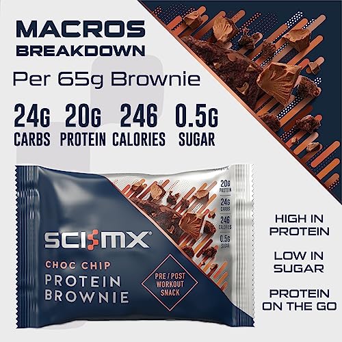 SCI-MX High Protein Chocolate Chip Brownie Box - 20g protein, 0.5g sugar + 246 calories per brownie - Pack of 12 x 65 g - Low Sugar - Pre / Post Workout Snack - No Palm Oil - Suitable for Vegetarians - Image 3