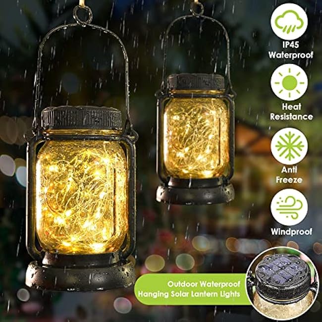 Mlambert 4 Pack Solar Hanging Lantern with Stakes, Outdoor Waterproof Solar Mason Jar Fairy String Lights Decorative Vintage Glass Lamp-Warm White