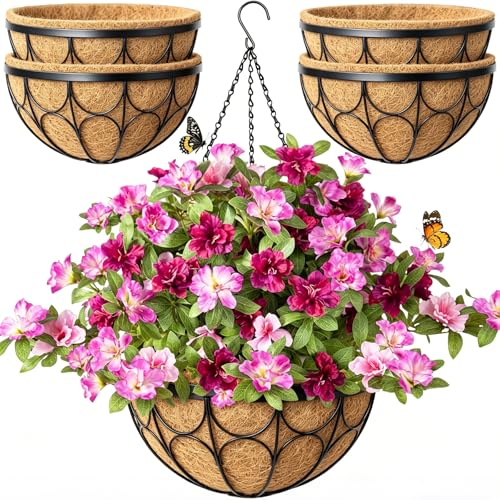 nongcunren 4 Pack 14 Inch Hanging Planters for Outdoor PlantsLarge Wire Flower Hanging Basket with Coco Liners for Balconies Patios Porch Terraces Decor