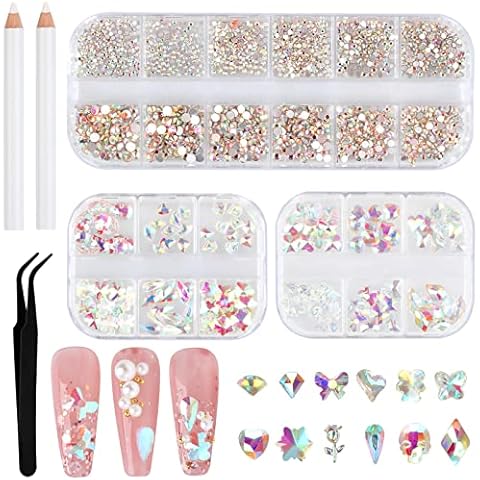 Nail Gems 1560pcs, Tikplus 18 Styles Flat Back Nail Rhinestones with Pick Up Tweezer and Picker Dotting Pen, AB Nail Crystals and Gemstones, Stick On Gems for Nail Art Craft, Face, Teeth Cover