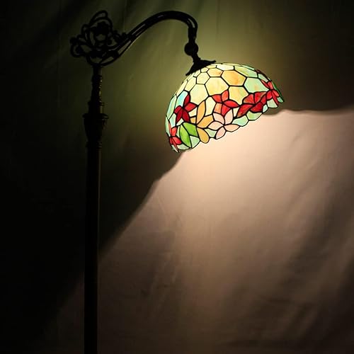 Miniatura 2 de Tiffany - Lámpara de pie con vitrales rojos y verdes, estilo puente arqueado, cuello de cisne antiguo, luz de lectura, ángulo ajustable, lámpara de
