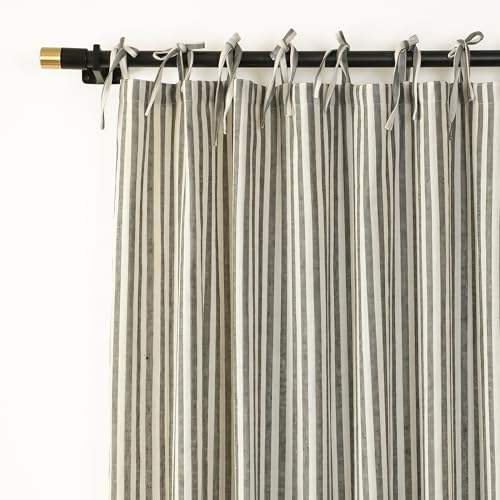 THE ART BOX Gauze Striped Curtains Boho Linen Tie Top Hanging Curtains Light Filtering Door Window Treatment 2 Panel Curtain Drapes for Living Room Bedroom Green on White (96x42 Each Panel)