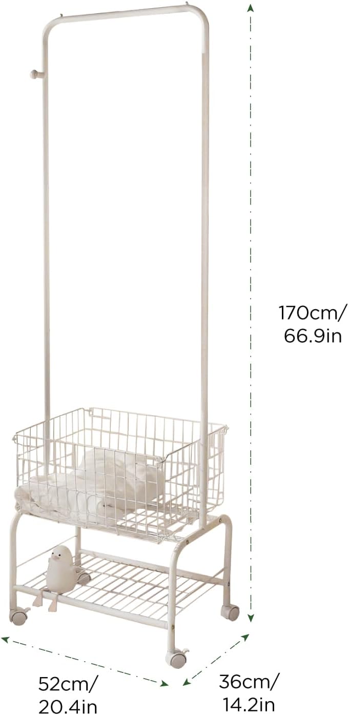 Rolling Laundry Cart with Clothes Rack, Wire Laundry Hamper Basket with Wheels for Sorter, Heavy Duty Storage Metal Frame Dirty Clothes Shelf for Hotel, Home, Closet, Dorm, White (Metal Basket)