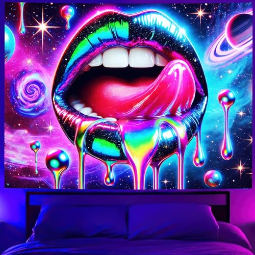 Image of BlissYard Blacklight Tapestry Lip Tapestry 78x59 Inch UV Reactive Tapestry Glowing Tapestry Large Neon Tapestry Posters Wall Hanging for Home Living Room Bedroom Party Decor Photo Shoot Props
