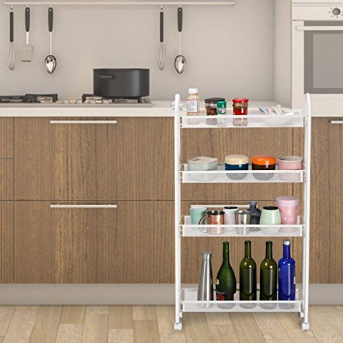 Rackaphile 4-Tier Slim Slide Out Storage Tower Rack Mesh Rolling Organization Serving Cart Shelf For Narrow Spaces Roller, White (4-Tier) #TOP7