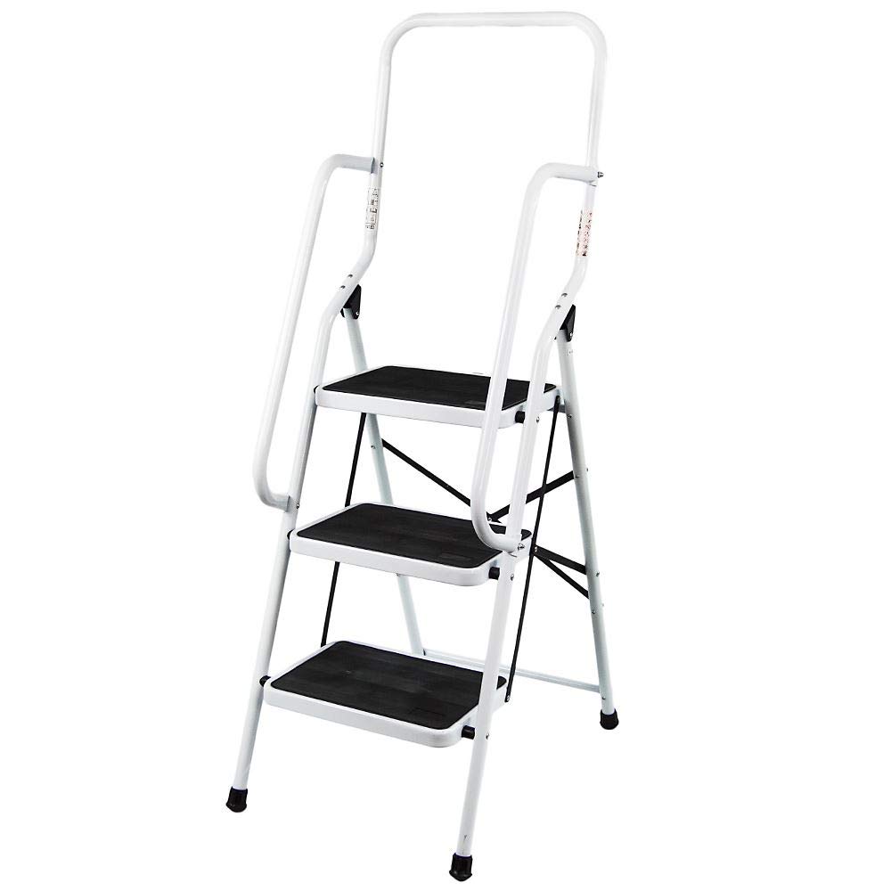 Escabeau Pliant 3 marches avec Main Courante de sécurité léger Multi-usages pour la Maison, Le Jardin, l'entrepôt, la Cuisine, escabeau en Acier, capacité maximale de 150 kg/330 LB