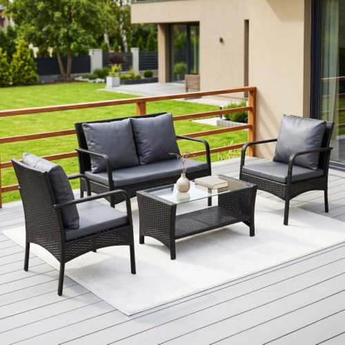 DEVOKO 4-Piece Outdoor Patio Sectional Sofa Set with Water-Resist...