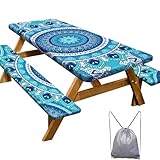 Picnic Table Cover with Bench Covers Camping Essentials Waterproof Windproof Camping Tablecloth with Drawstring Bag, Fitted Rectangle Tables and Seats, 72in, Air Superiority Blue