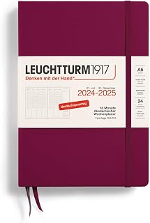 LEUCHTTURM1917 370634 Akademischer Wochenplaner Medium (A5) 2025, 18 Monate, Port Red, Deutsch