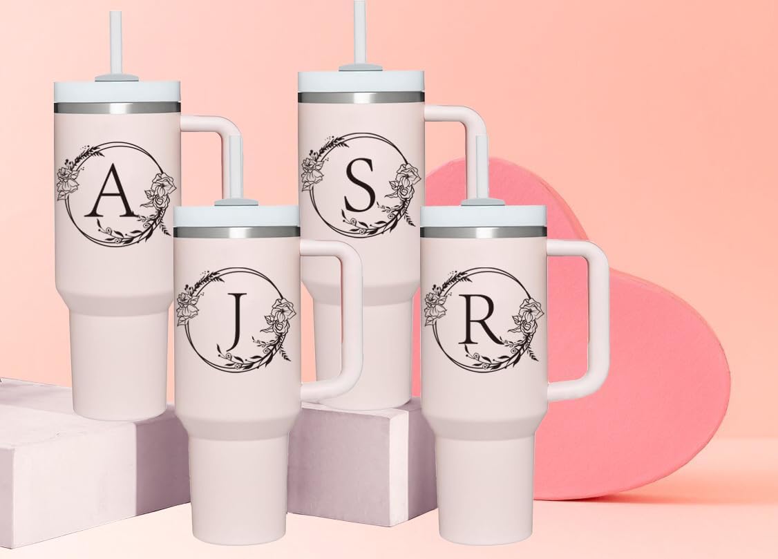 Personalized 40oz Tumbler Cup with Initials.Cup with Letter S 40oz Tumbler with Handle.Custom Tumbler Cup with Letter.Initial Monogram Tumbler Mug Gifts for Women Birthday Christmas. - Image 6