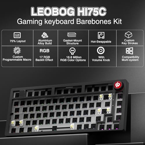 Image of CORBOBO LEOBOG Hi75C Upgraded Wired Mechanical Keyboard Kit - Aluminum Alloy Gasket Mount 75% Barebones DIY Base with Hot Swap, RGB Backlighting & Volume Knob - Enhanced Custom Gaming Keyboard Build
