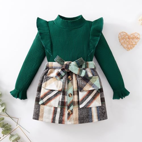 Image of Weixinbuy Toddler Girl Fall Winter Clothes Solid Long Sleeve Ribbed T-Shirt Knit Tops Plaid Button Mini Skirts Set Outfits