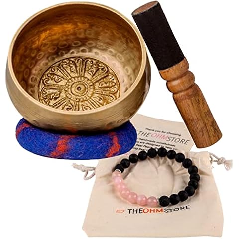 Tibetan Singing Bowl Set with Healing Mantra Engravings Bundle with Rose Quartz and Lava Stone Mala Bracelet — Handcrafted in Nepal for Chakra Healing, Meditation, and Mantra Recitation Cover