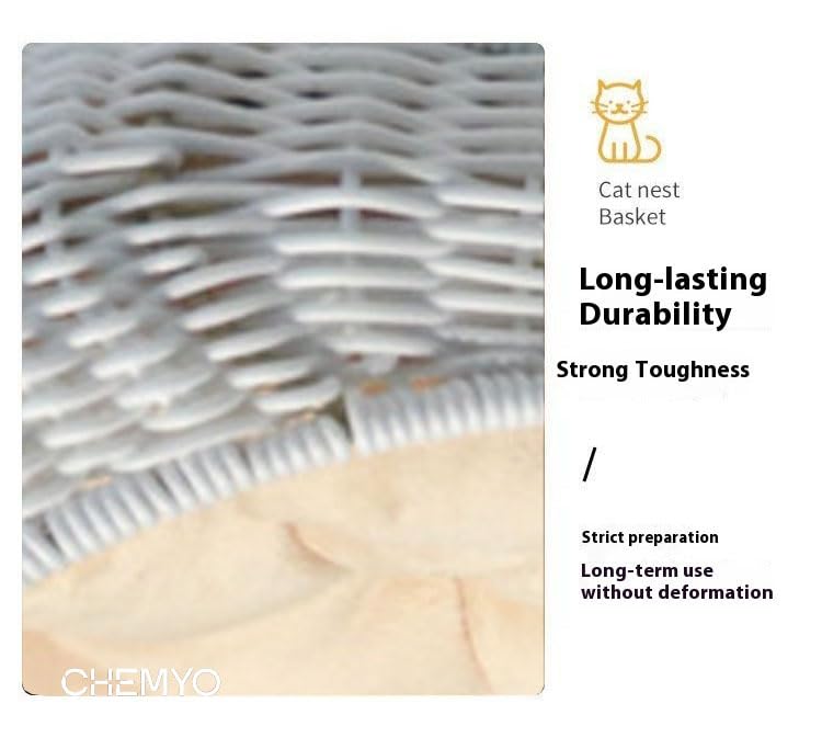 Cuccia per Gatti in Vimini, Cuccia per Gattini in Vimini, Cuccia in Rattan per Uso Interno ed Esterno, Cuccia Accogliente con Cuscino Morbido Lavabile 50x40x35 cm Bianco