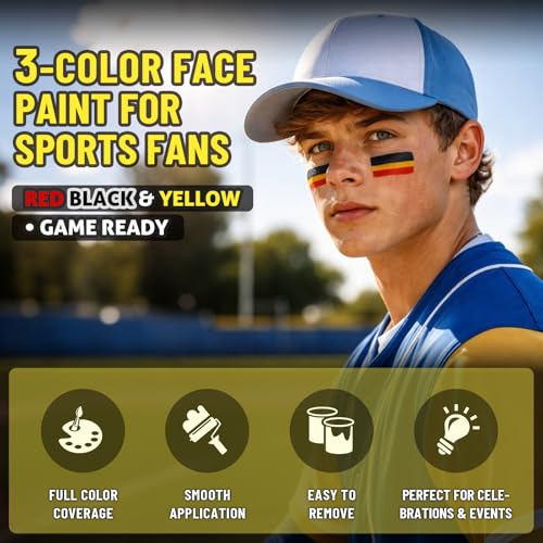 Image of BADCOLOR Germany Black Red Yellow Face Body Paint Stick Set, Oil Based Sports Makeup Stick, Waterproof Sweatproof Face Paint for Football, Rugby, Softball, Baseball, Lacrosse, Sports Accessories