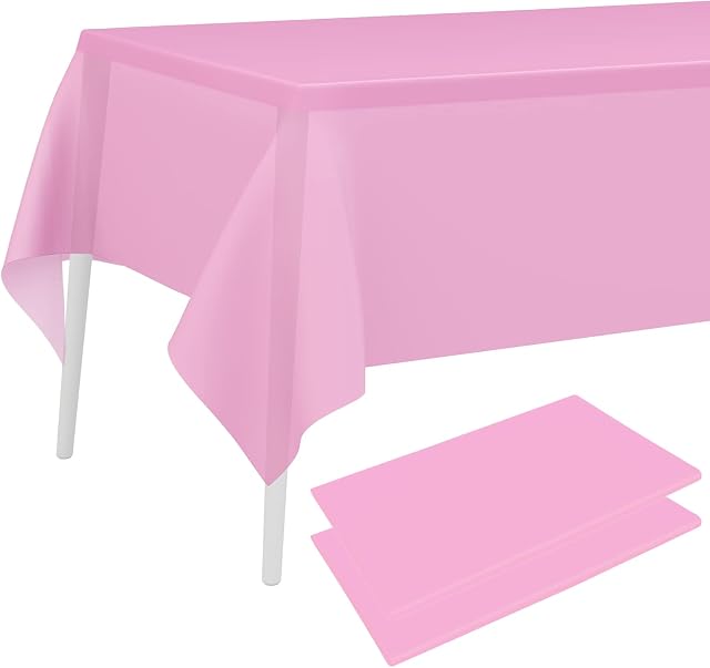PLULON 2Pcs Pink Tablecloth Plastic Table Cover 137 x 274cm Rectangle Table Cover for Baby Shower Party Supplies Wedding Birthday Kids Party Home Table Decorations