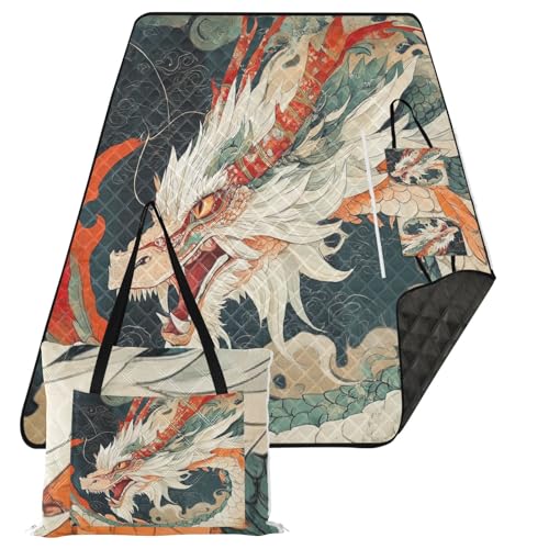 Flradish Dragon Picnic Blankets,Foldable Hand Bag Beach Blanket with Carry Strap Waterproof Sandproof Outdoor Blankets for Camping Park Travel 60x80 Inches
