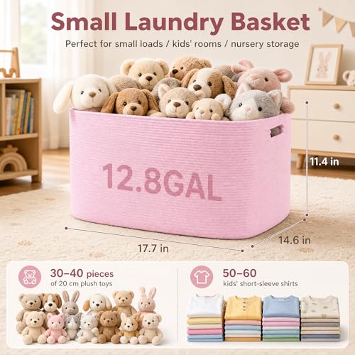 Image of Cotton Rope Laundry Basket Small, 12.8GAL Collapsible Woven Storage Baskets for Living Room Kids Toys Stuffed Animal,Boho Rectangular Decorative Short Hamper for Dirty Clothes, Blankets Light Pink