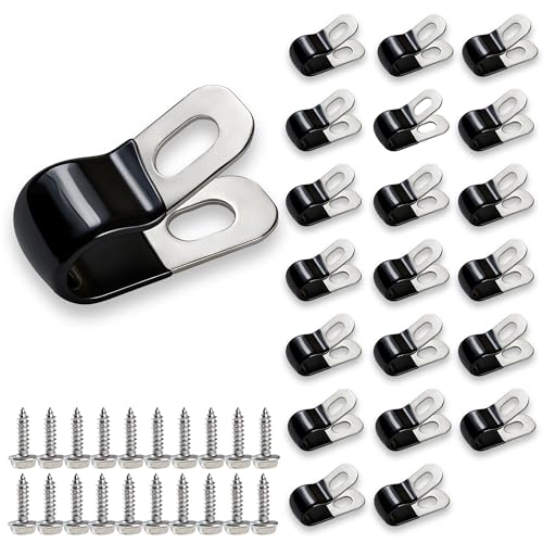 20PCS 3/16 304 Stainless Steel Rubber Coated Insulated Cable Clamps Brake Line Clips Metal Wire Clamps Hose Clamp Pipe Clamp for Tube Lines Wire Cord Installation with 20 PCS Self-Tapping Screws