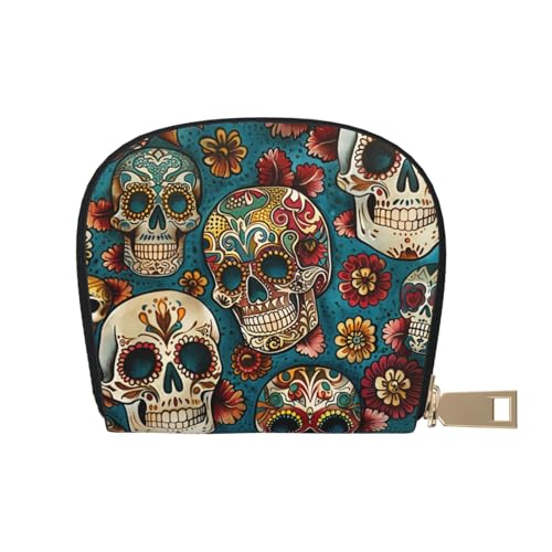 Sugar Skulls Print Printed Credit Card Wallet for Women Men Cute Zipper Card Cases Holder Mini Coin Purse with 12 Card Slots