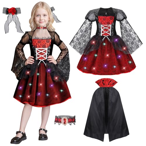 LOYO Vampire Costume for Girls - Light Up Halloween Costumes for Toddler Girl with Cape Hair Clip Choker Dress Up for Kids (3-4 Years)