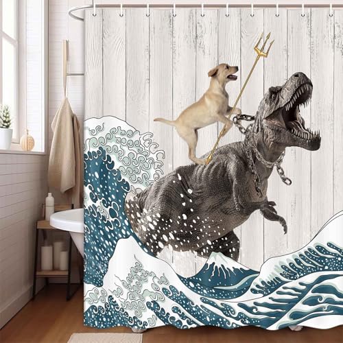 Image of Boziqr Funny Dog Shower Curtain, Japanese Ocean Wave Dinosaur Rustic Barn Door Decor Fabric Bathroom Curtains Set, Cute Animal Kids Polyester Fabric Waterproof, 60 X 70 Inches