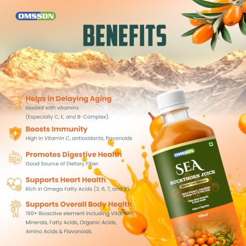 Image of Sea Buckthorn Juice, with Vitamin C, Omega 3-6-7-9 Fatty Acids & Antioxidants, Immunity & Gut Health Support, 500ml (Pack of 1)